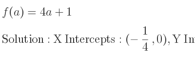 The f(a)=4a+1 is X Intercepts: (-1/4 ,0),Y Intercepts: (0,1)